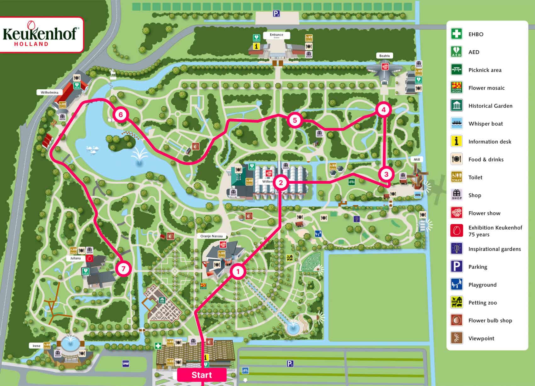 Keukenhof garden map with key points numbered for easy navigation