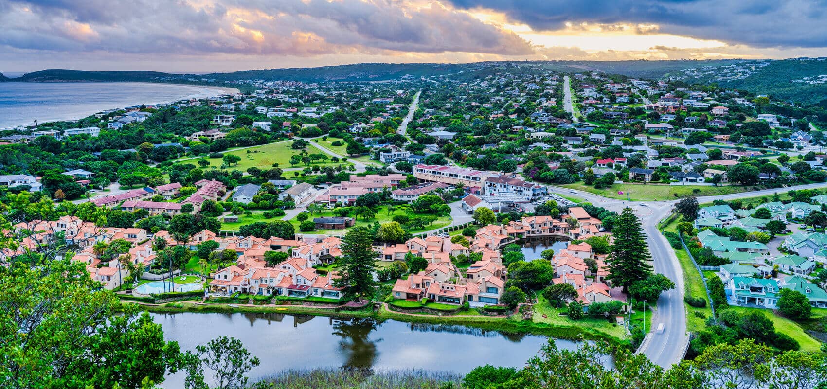 Scenic Plettenberg Bay surrounded by rolling hills on South Africa's Garden Route
